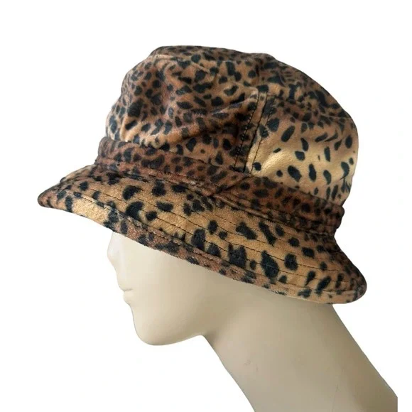 Goorin Bros Leopard Bucket Hat Faux Fur EUC Animal Print AOP Chic Vogue Brown - Picture 2 of 7